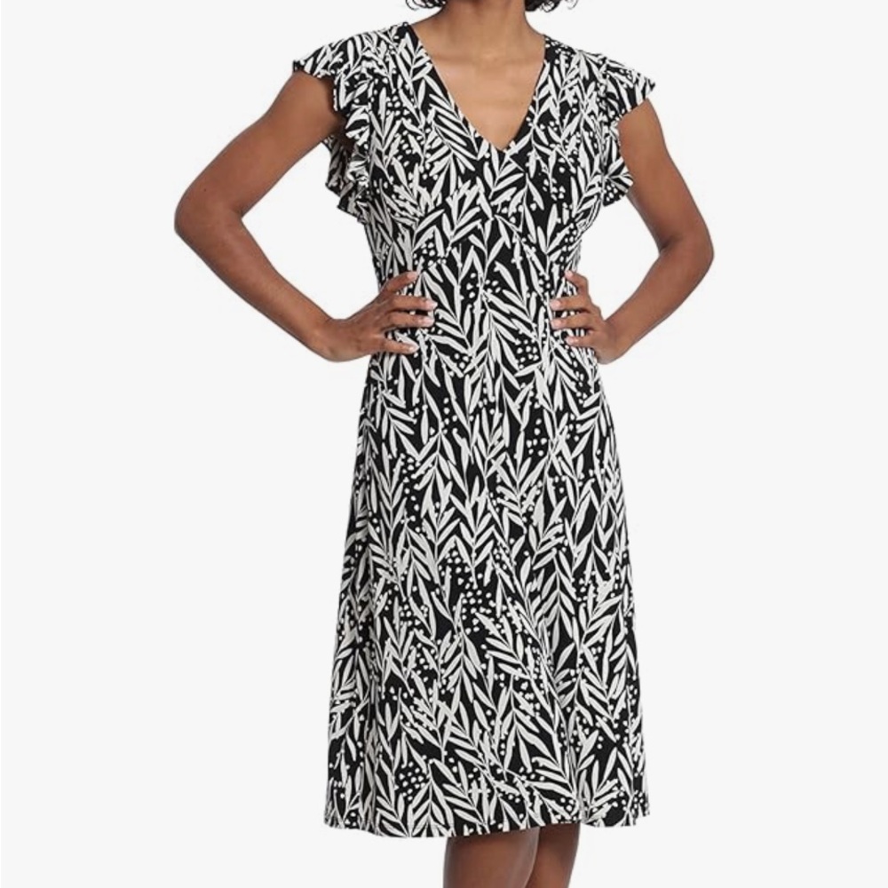 London Times Black and White Patterned Flutter Sleeves Midi Dress NWOT, Size 8